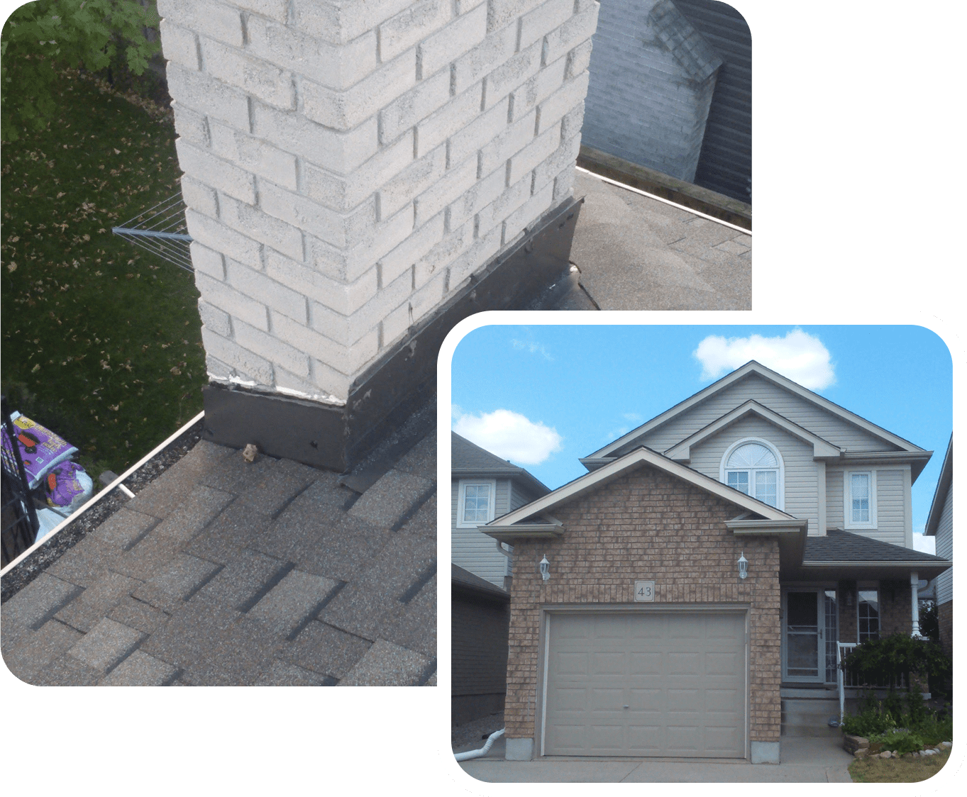 House with chimney and garage view.