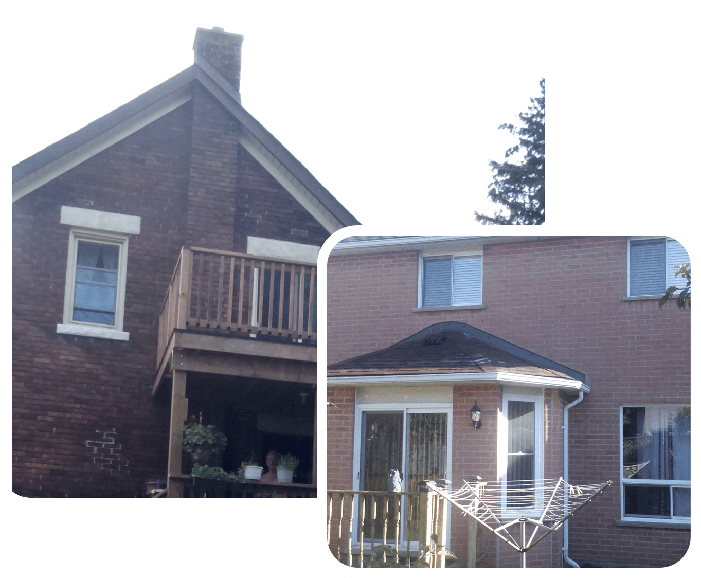Two brick houses with balconies and windows.